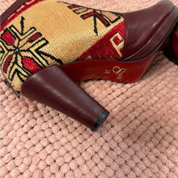 SHANS Amsterdam silk and leather ankle boots BOOTIES Burgundy and Cream - Picture 6 of 7